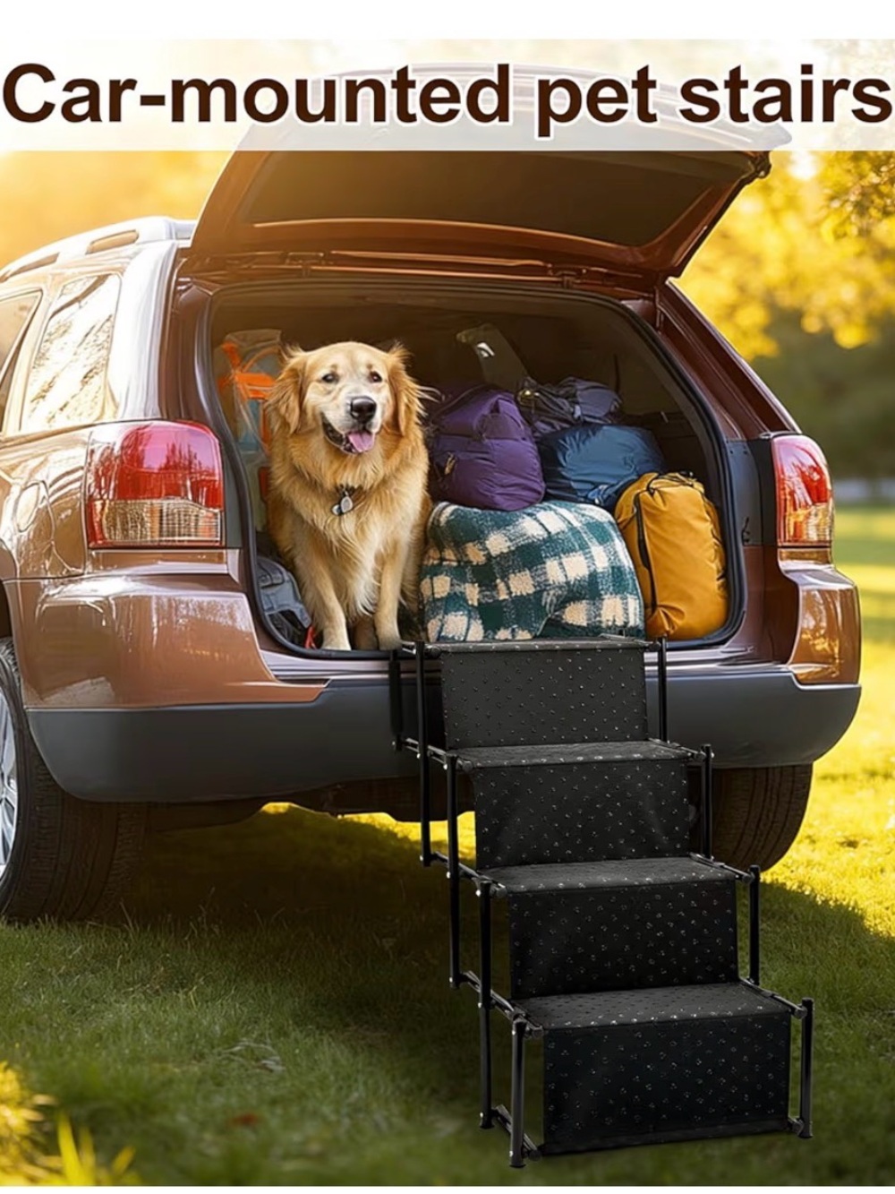4 steps Car-Mounted Pet Stairs for Dogs - Black
